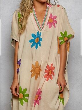 Beige Floral V-Neck beach Dress